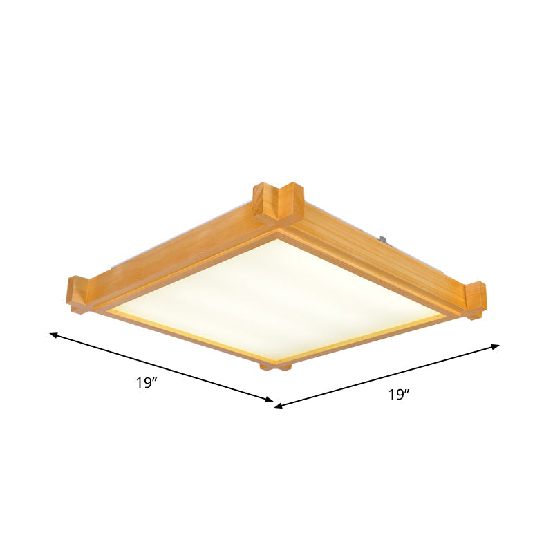 Minimalist LED Flush Mount Light for Living Room - Beige Ceiling Lighting with Wooden Square Shade - Warm/White Light - 15"/19"/21.5" W
