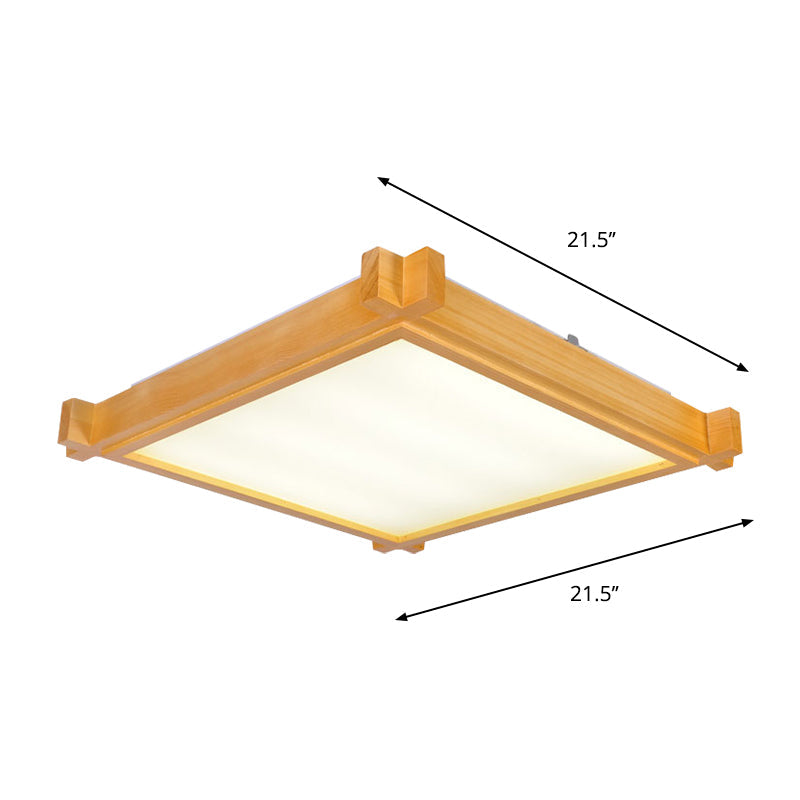 Minimalist LED Flush Mount Light for Living Room - Beige Ceiling Lighting with Wooden Square Shade - Warm/White Light - 15"/19"/21.5" W