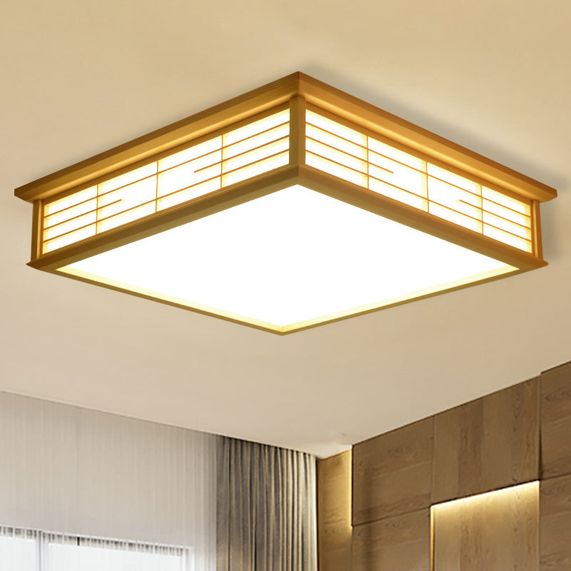 Natural Wood LED Ceiling Light Fixture - Simple Box Flush Lighting for Bedroom (14"/18"/21.5" W) in Warm/White Light
