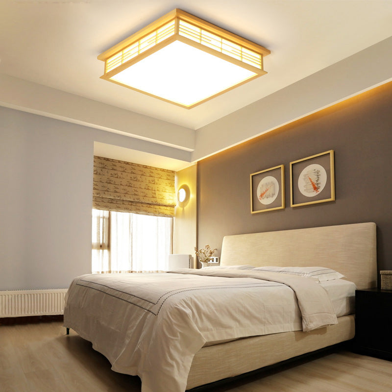Natural Wood LED Ceiling Light Fixture - Simple Box Flush Lighting for Bedroom (14"/18"/21.5" W) in Warm/White Light