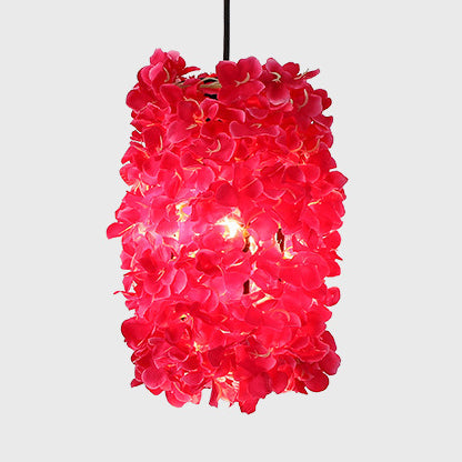 Rustic Cylinder Hanging Lamp With Faux Plants - Vintage Style Pendant Light In Green/Orange Rose Red
