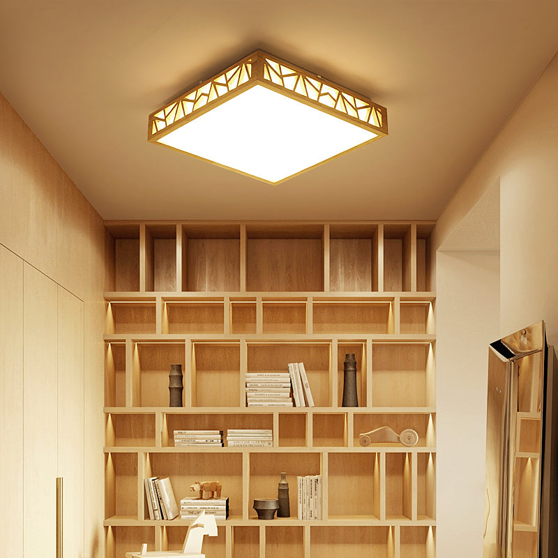 Modern Wood Square Box Ceiling Lamp with Warm/White LED and Stepless Dimming - Ideal for Studying Room with Remote Control