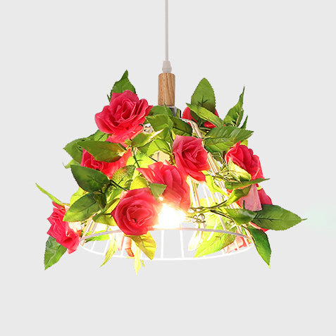 Rustic Cylinder Hanging Lamp With Faux Plants - Vintage Style Pendant Light In Green/Orange Red /