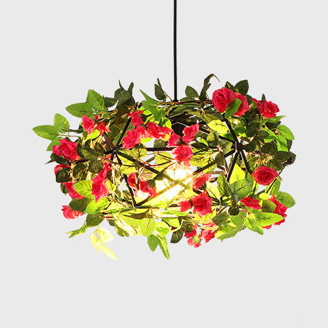 Rustic Cylinder Hanging Lamp With Faux Plants - Vintage Style Pendant Light In Green/Orange Red /