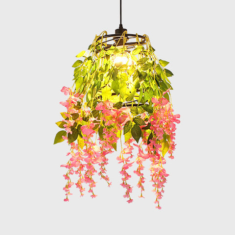 Rustic Cylinder Hanging Lamp With Faux Plants - Vintage Style Pendant Light In Green/Orange Pink /