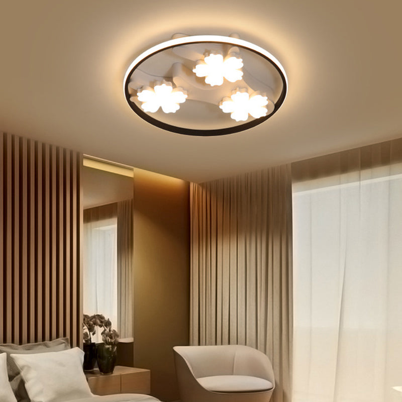 Black LED Flush Mount Ceiling Light with Blossom Decoration - Simple Style, Wide Acrylic Ring (19.5"/23.5")
