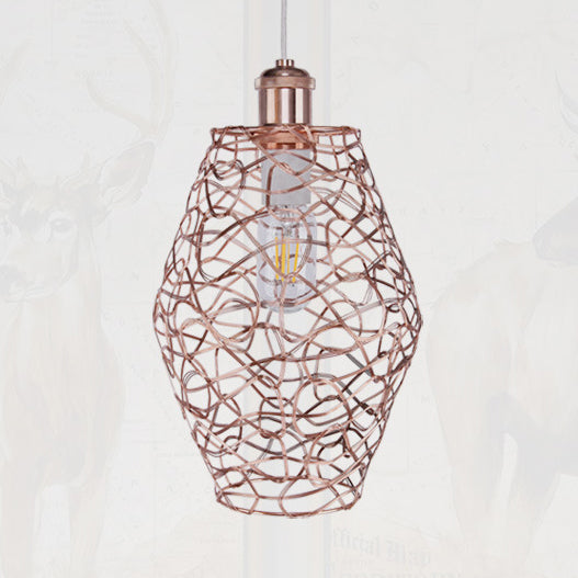 Vintage Copper Wire Guard Pendant Light With Shade - Metal 1-Light Living Room Hanging Lamp