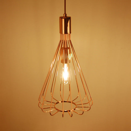 Vintage Loft Metallic Pendant Lamp - Conical Hanging Light with Cage Shade, Polished Brass/Copper Finish - Ideal for Kitchen