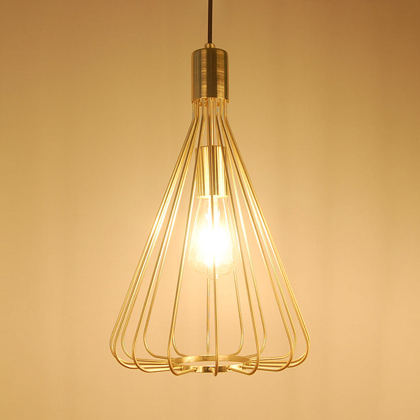 Vintage Loft Metallic Pendant Lamp - Conical Hanging Light with Cage Shade, Polished Brass/Copper Finish - Ideal for Kitchen