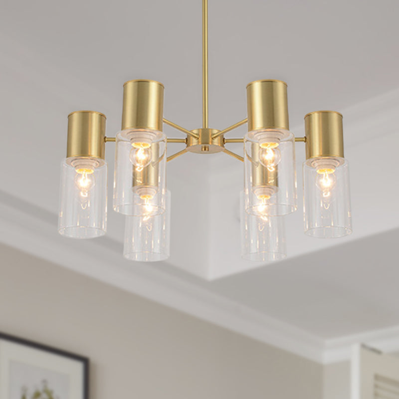 Modern Clear Glass Cylinder Hanging Lamp Kit - 6/8/10 Heads Brass Chandelier Fixture