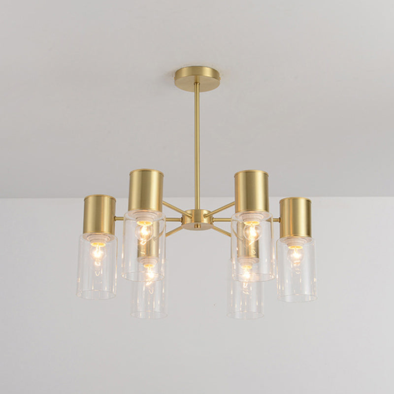 Modern Clear Glass Cylinder Hanging Lamp Kit - 6/8/10 Heads Brass Chandelier Fixture