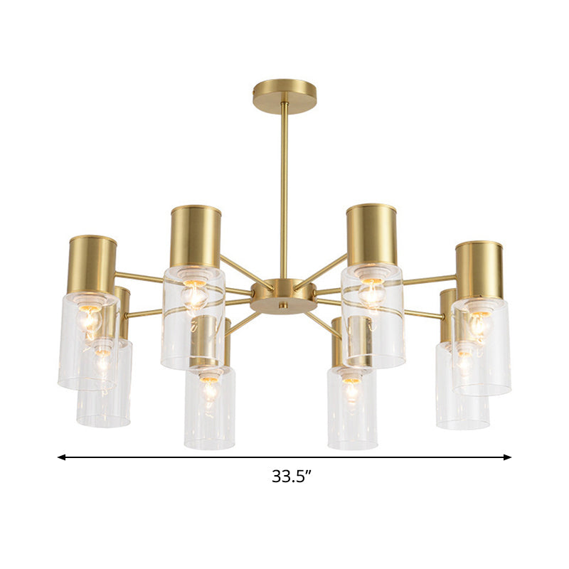 Modern Clear Glass Cylinder Hanging Lamp Kit - 6/8/10 Heads Brass Chandelier Fixture