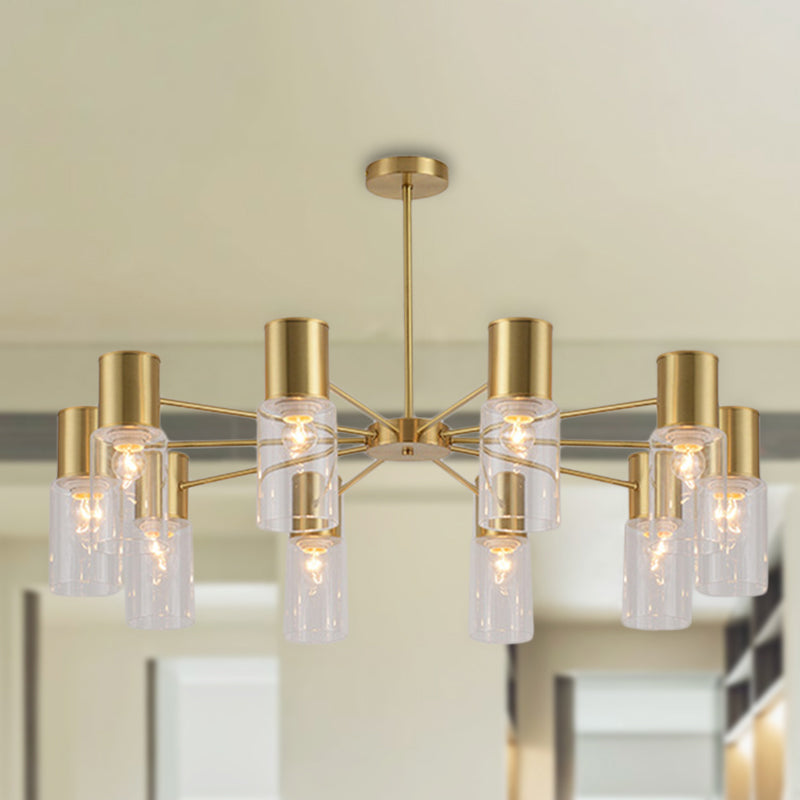 Modern Clear Glass Cylinder Hanging Lamp Kit - 6/8/10 Heads Brass Chandelier Fixture