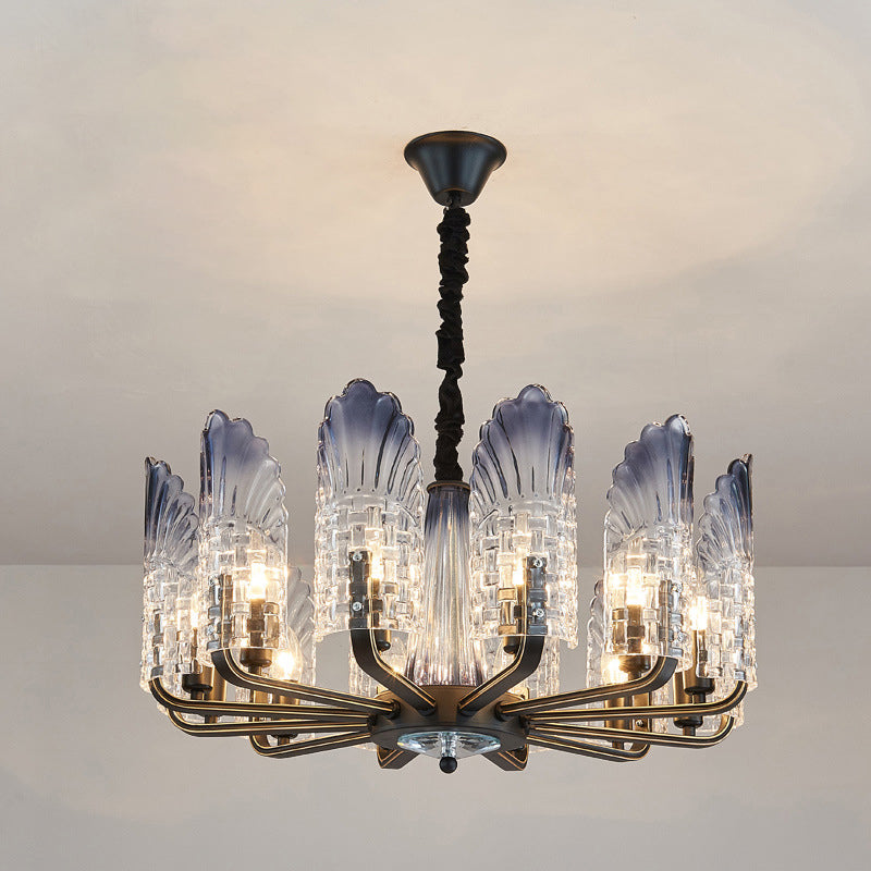 Contemporary Textured Glass Scallop Chandelier Light Fixture - 8/10/12 Black Heads - Hanging Ceiling Light
