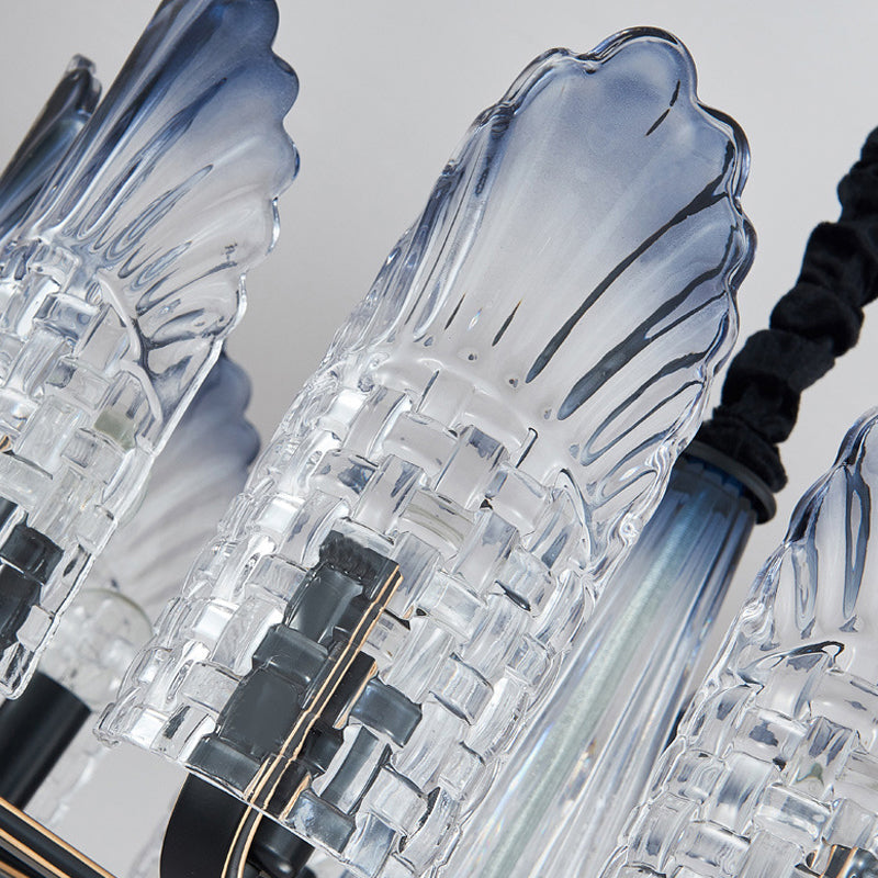 Contemporary Textured Glass Scallop Chandelier Light Fixture - 8/10/12 Black Heads - Hanging Ceiling Light