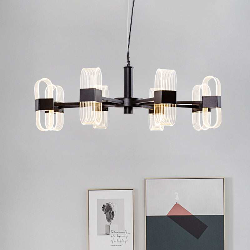 Modern Oval Chandelier Light - Acrylic 6/8/12 Heads Living Room Hanging Lamp with Black Rod - Warm/White Light
