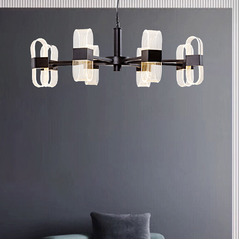 Modern Oval Chandelier Light - Acrylic 6/8/12 Heads Living Room Hanging Lamp with Black Rod - Warm/White Light