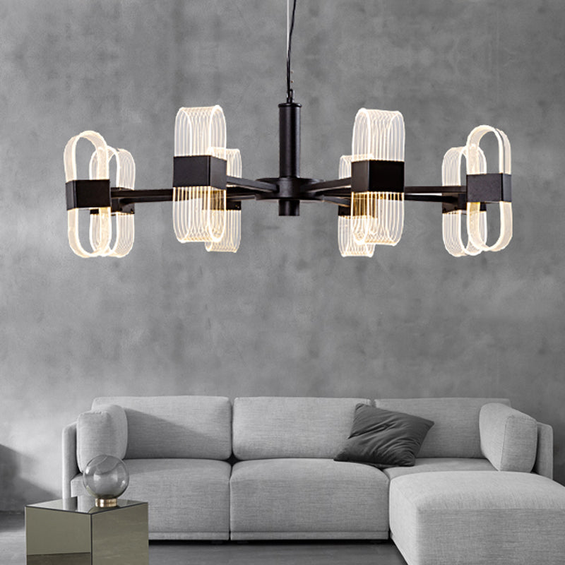 Modern Oval Chandelier Light - Acrylic 6/8/12 Heads Living Room Hanging Lamp with Black Rod - Warm/White Light