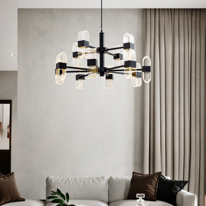 Modern Oval Chandelier Light - Acrylic 6/8/12 Heads Living Room Hanging Lamp with Black Rod - Warm/White Light