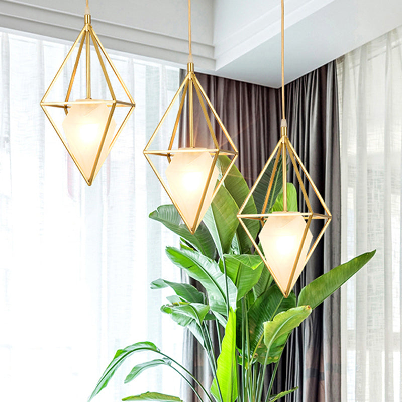 Frosted Glass Diamond Pendant Ceiling Light - Postmodern Brass Hanging Lamp - 1 Head