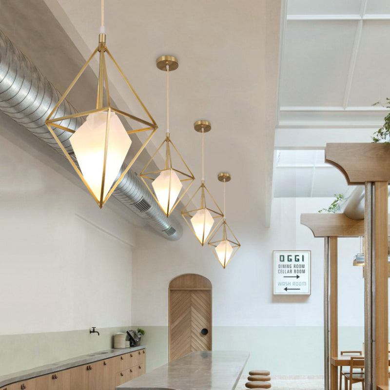 Frosted Glass Diamond Pendant Ceiling Light - Postmodern Brass Hanging Lamp - 1 Head