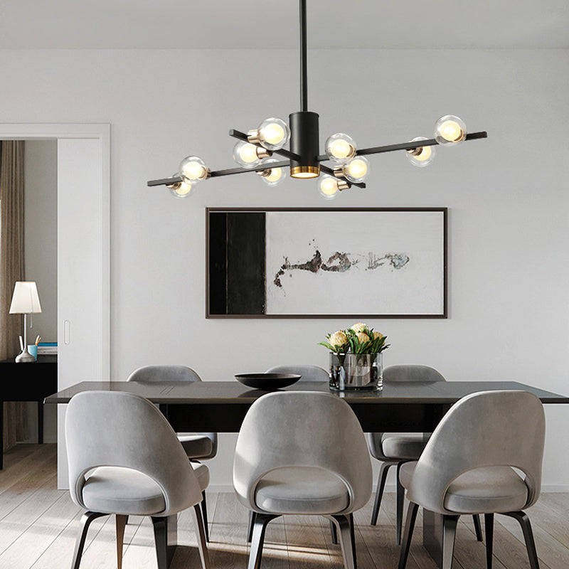 Modern Metal Radial Chandelier Light Fixture with Clear Bubble Glass Shades - 6/10/15 Lights, Black Hanging Ceiling Light