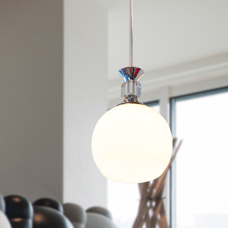 Modern Globe Pendant Light Fixture - White Glass, Chrome Suspension - Dining Room Lighting