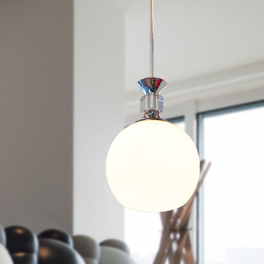 Modern Globe Pendant Light Fixture - White Glass, Chrome Suspension - Dining Room Lighting