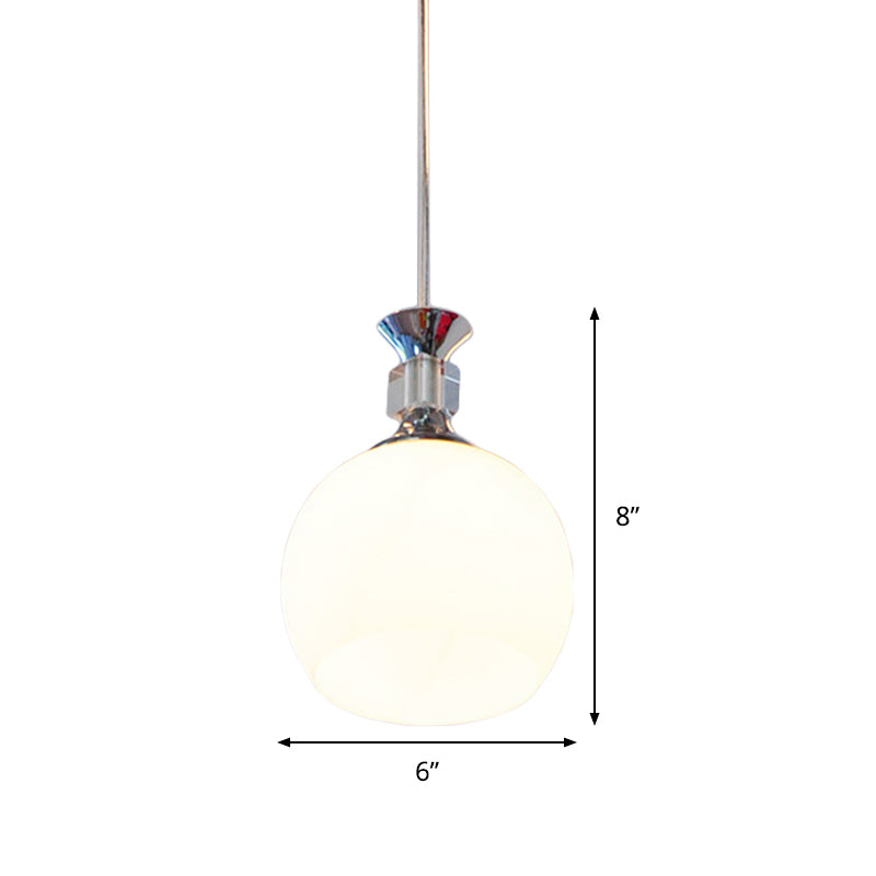 Modern Globe Pendant Light Fixture - White Glass, Chrome Suspension - Dining Room Lighting