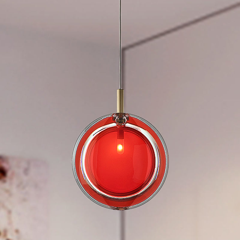 Macaron Red Glass Hanging Lamp: Sleek Round Pendant for Bedroom, includes 1 Light - Easy Installation