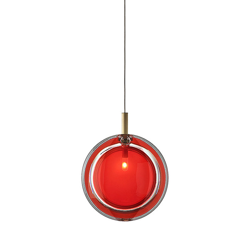 Macaron Red Glass Hanging Lamp: Sleek Round Pendant for Bedroom, includes 1 Light - Easy Installation