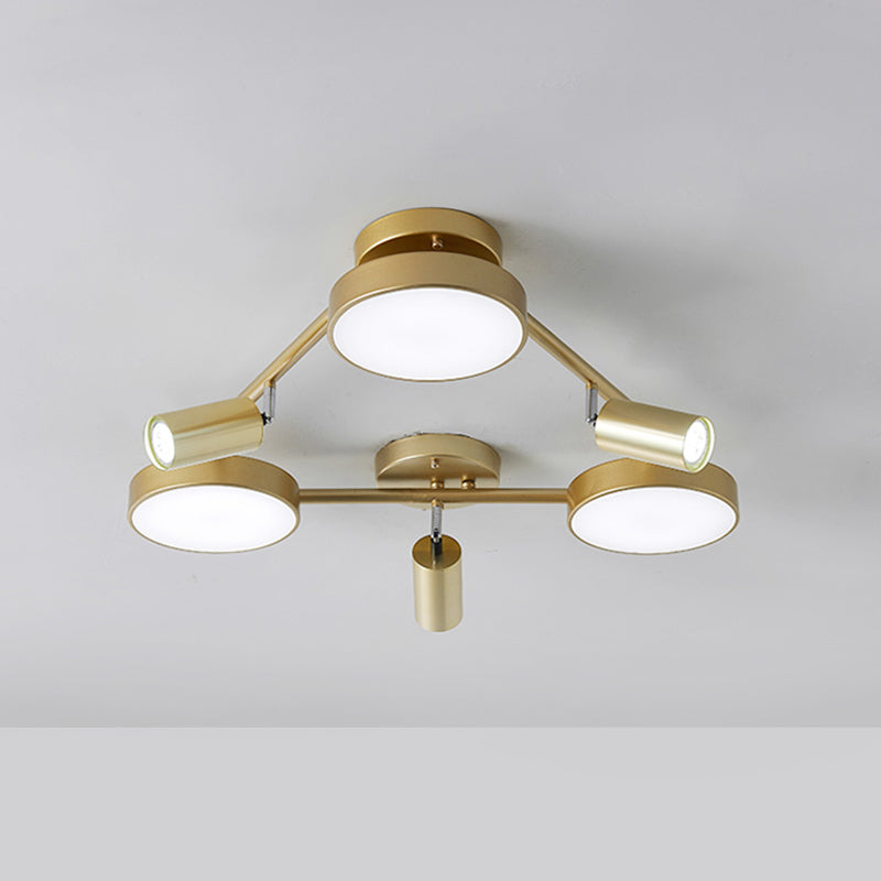 Plafonnier rond en métal doré à 6 têtes - Plafonnier semi-encastré contemporain pour chambre à coucher