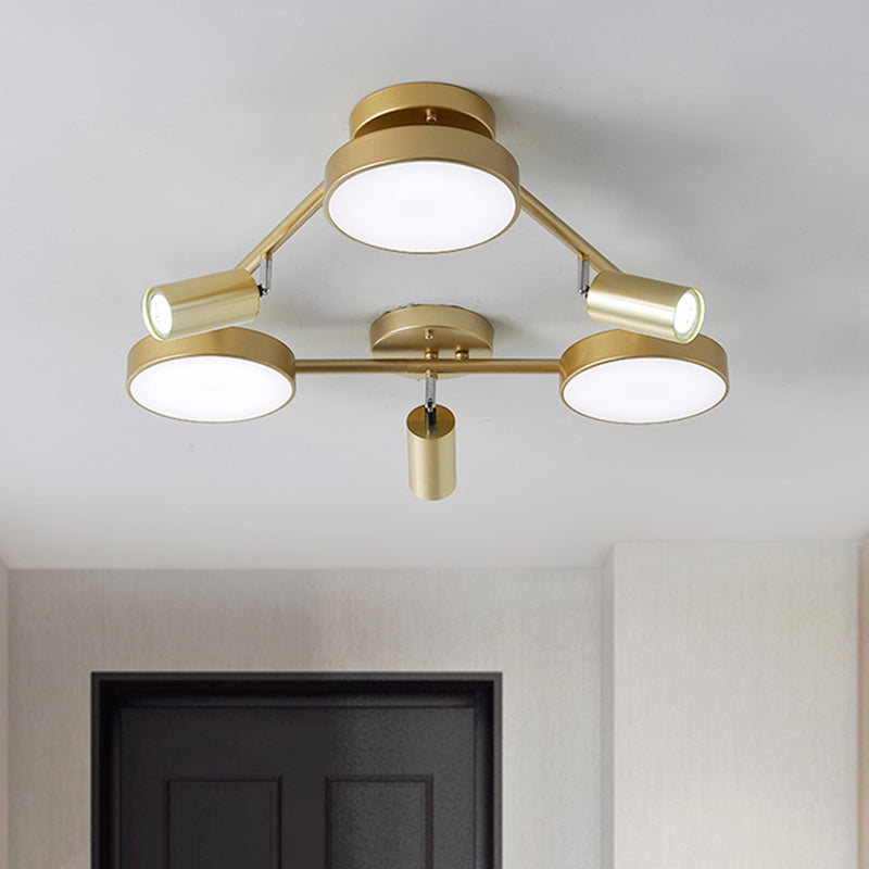 Plafonnier rond en métal doré à 6 têtes - Plafonnier semi-encastré contemporain pour chambre à coucher