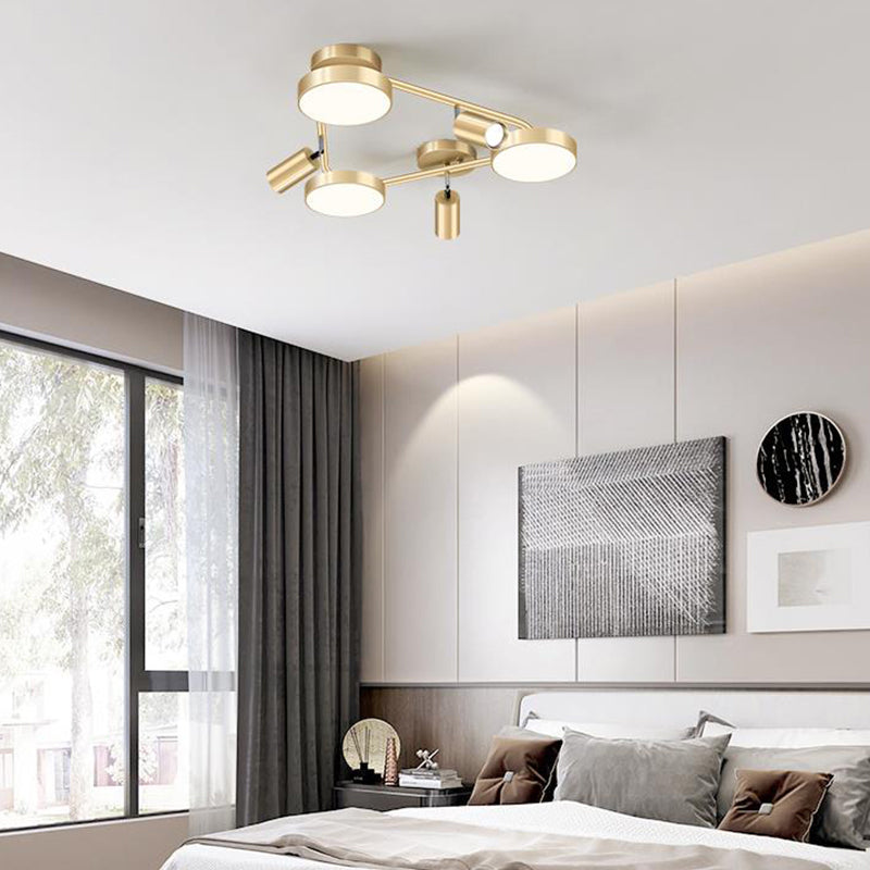 Plafonnier rond en métal doré à 6 têtes - Plafonnier semi-encastré contemporain pour chambre à coucher