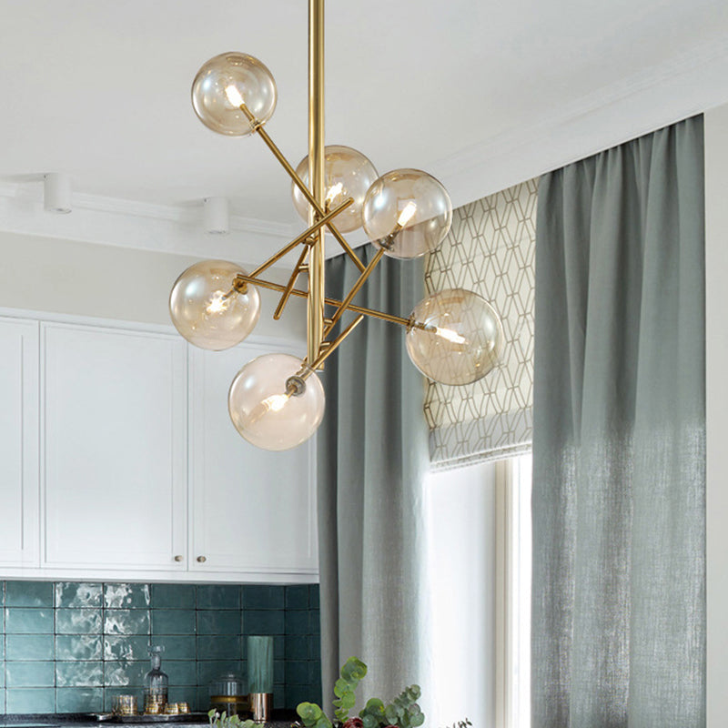 Modern Cognac Glass Globe Chandelier - 6/8 Heads, Starburst Design - Ideal for Bedroom Ceiling Lighting