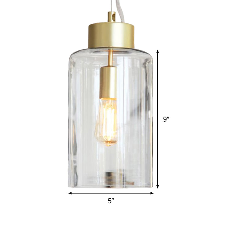 Modern Brass Cylinder Pendant Light Fixture with Clear Glass Shade, Ceiling Mounted