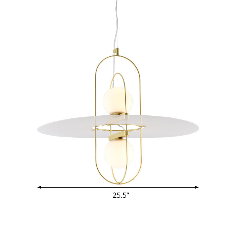 Modern White Glass Orb Chandelier - 2 Light Kitchen Hanging Lamp With Oval Frame Design