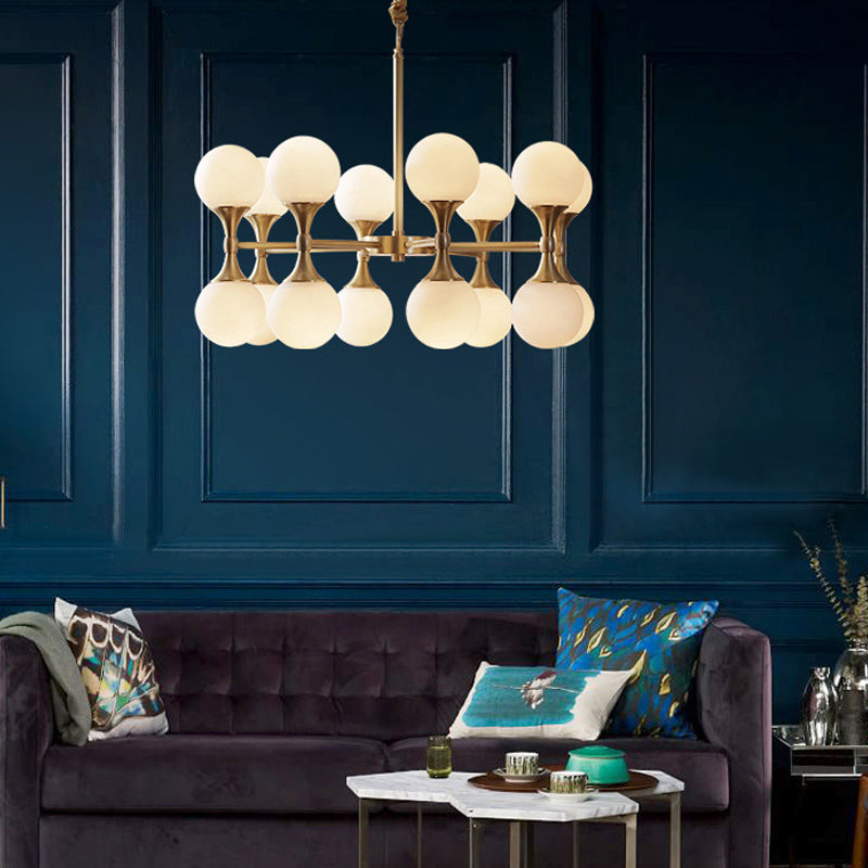 Opal Glass Chandelier Light with 12/16 Brass Globe Heads – Postmodern Ceiling Hanging Lamp