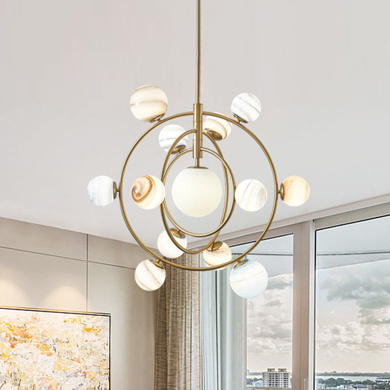 Lustre moderne en orbite dorée - Lampe suspendue en métal à 13 lumières avec kit d'abat-jour en verre