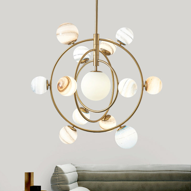 Lustre moderne en orbite dorée - Lampe suspendue en métal à 13 lumières avec kit d'abat-jour en verre