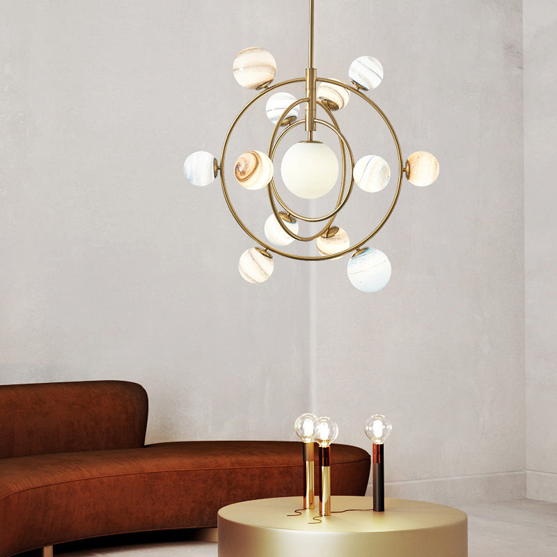 Lustre moderne en orbite dorée - Lampe suspendue en métal à 13 lumières avec kit d'abat-jour en verre