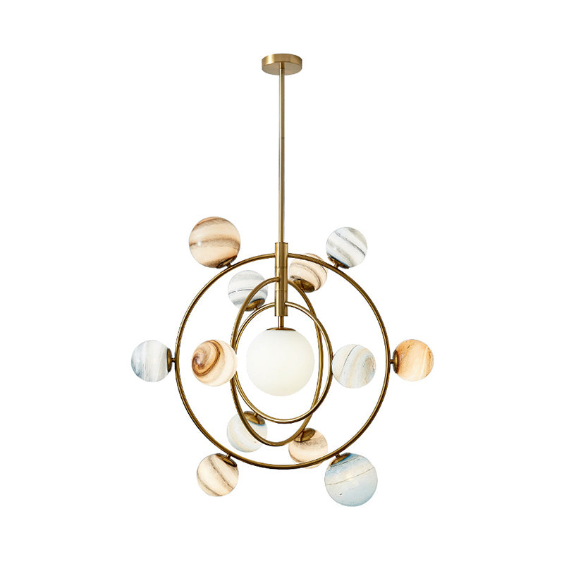 Lustre moderne en orbite dorée - Lampe suspendue en métal à 13 lumières avec kit d'abat-jour en verre