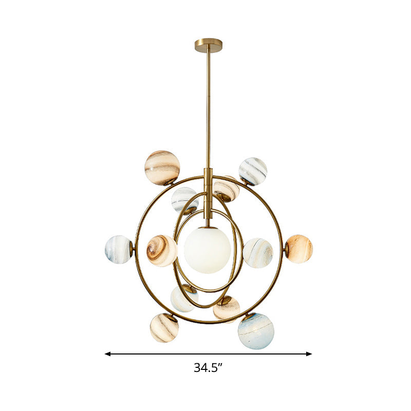 Lustre moderne en orbite dorée - Lampe suspendue en métal à 13 lumières avec kit d'abat-jour en verre