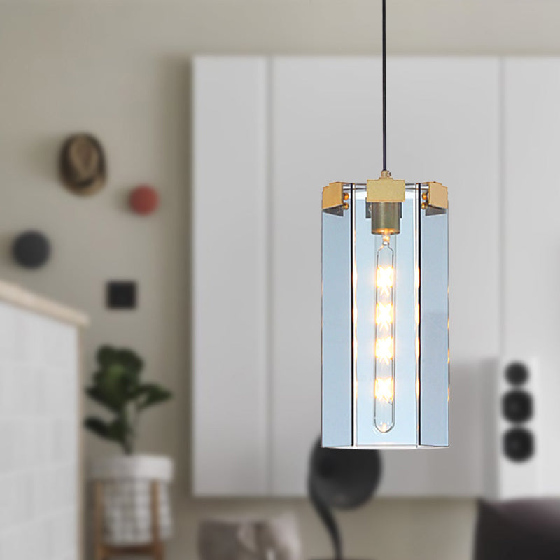 Modern Gold Pendant Lamp With Hexagon Blue Gray Glass Shade - Bedroom Hanging Light Kit