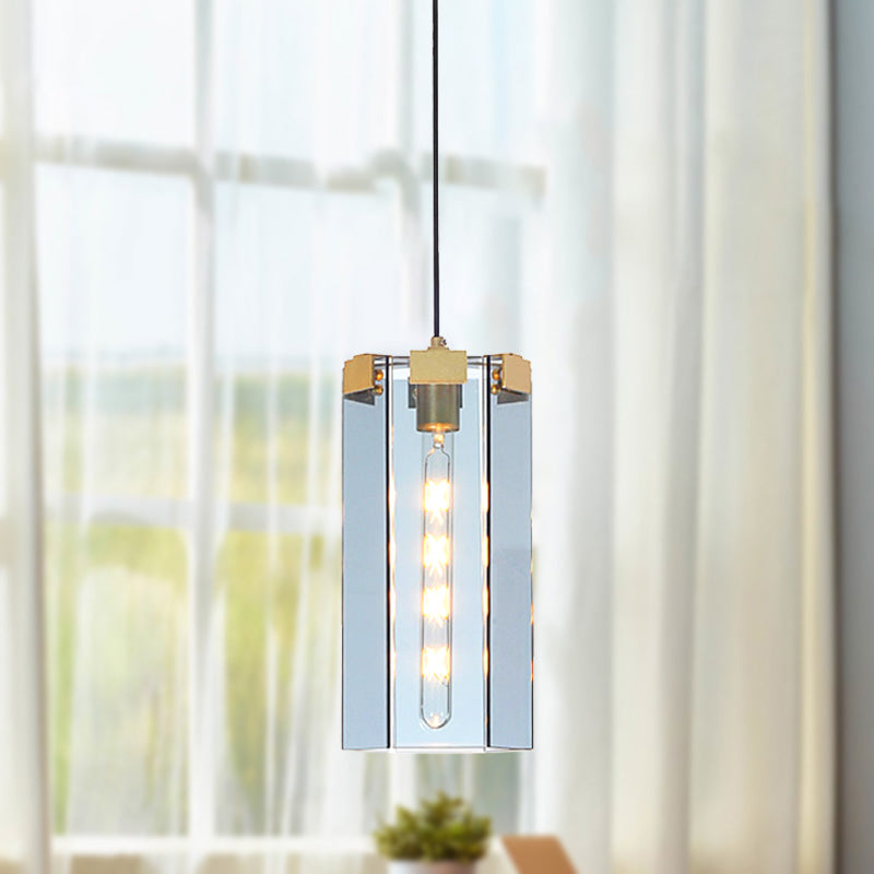 Modern Gold Pendant Lamp With Hexagon Blue Gray Glass Shade - Bedroom Hanging Light Kit
