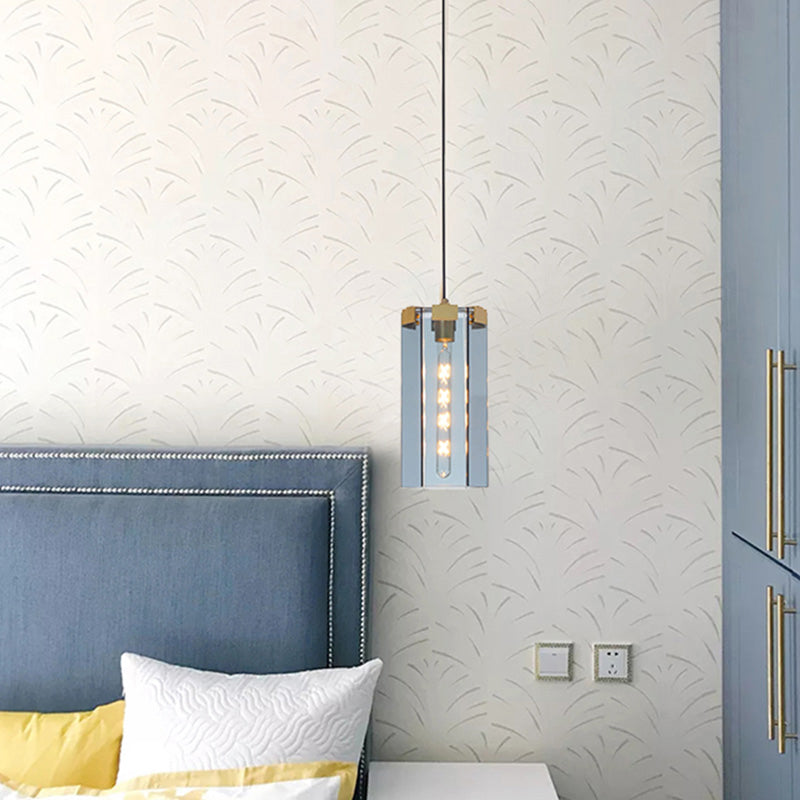 Modern Gold Pendant Lamp With Hexagon Blue Gray Glass Shade - Bedroom Hanging Light Kit
