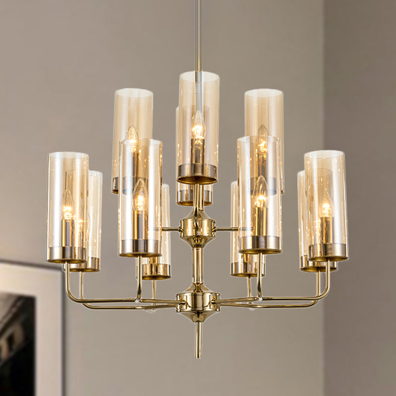 Postmodern Cylinder Hanging Lamp Kit - Blue/Cognac Glass 12 Head Dining Room Chandelier Light
