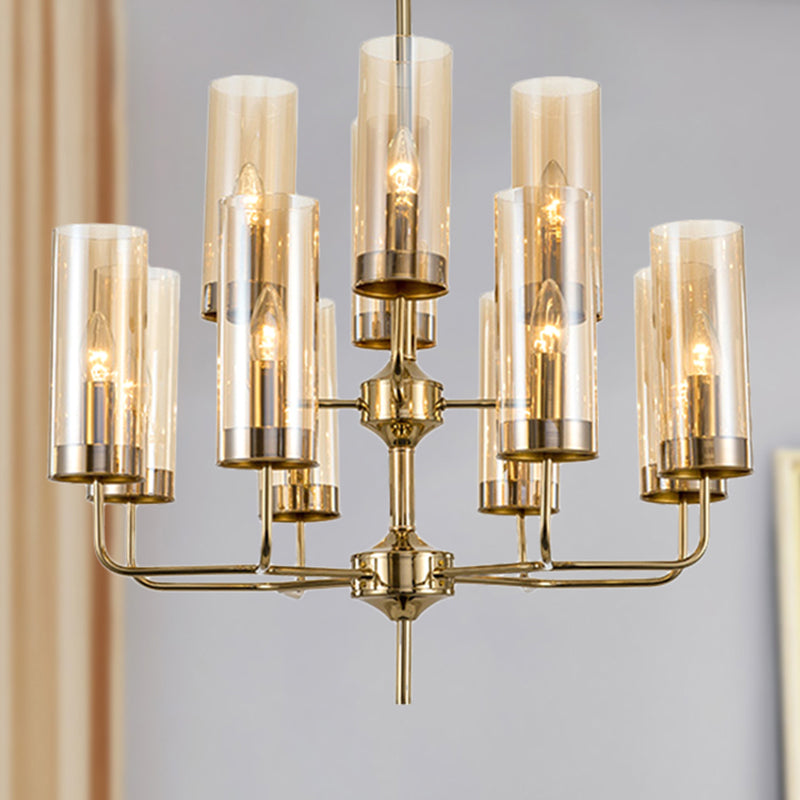 Postmodern Cylinder Hanging Lamp Kit - Blue/Cognac Glass 12 Head Dining Room Chandelier Light
