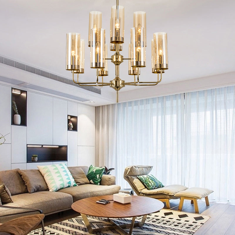 Postmodern Cylinder Hanging Lamp: Blue/Cognac Glass, 12 Heads, Dining Room Chandelier Lighting Kit