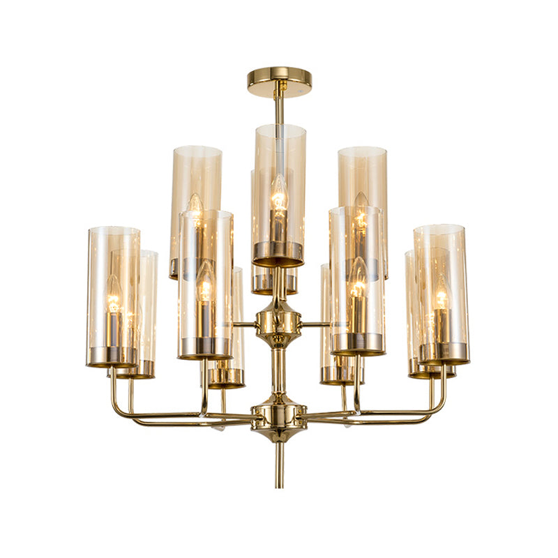 Postmodern Cylinder Hanging Lamp Kit - Blue/Cognac Glass 12 Head Dining Room Chandelier Light